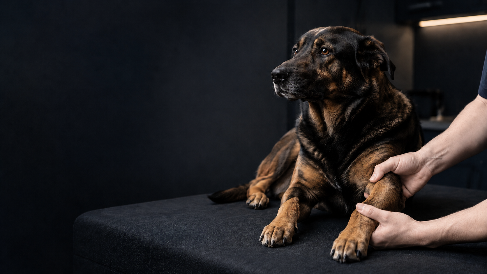 Dog during careful orthopedic assessment of a limb after trauma