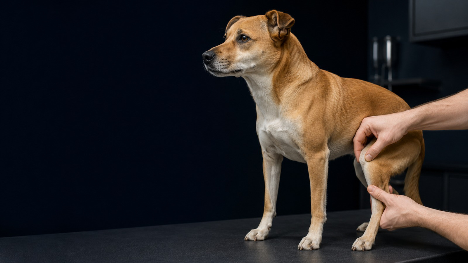 Dog during orthopedic assessment of the knee and patellar region
